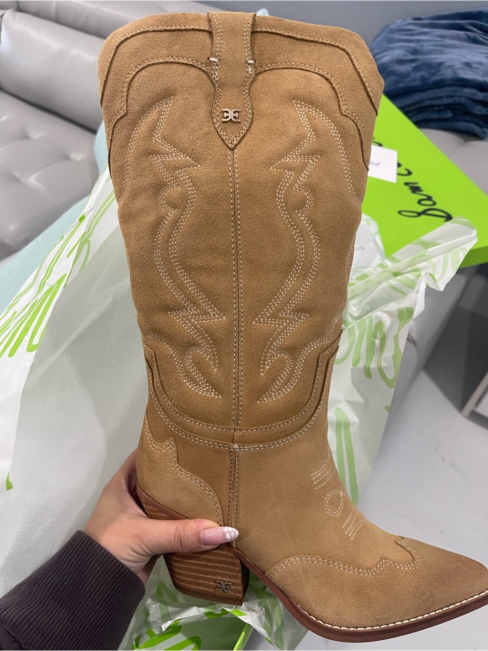 Sam Edelman Camel Suede Western Boot with Stacked Heel